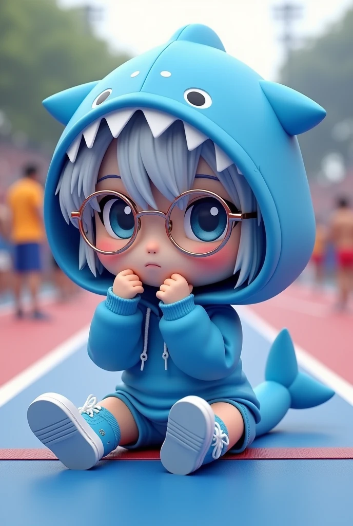 He wears an oversized light blue shark-themed hoodie with a hood shaped like a shark's head and a tail on the back.。Highly detailed 3D chibi character with silver colored hair。Charactersまた、She is wearing matching light blue shorts and high-top sneakers.、Cool and edgy。Cool and edgy雰囲気を醸し出しています。The character's facial expression is confident、Wearing round glasses。Characters、Hands on glasses。Character is sitting。Characters、The style of cutting the finish line at a sports day、Focus on streetwear aesthetics、It should be cute but a little rebellious.、