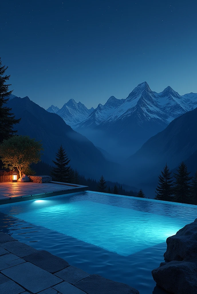 A swimming pool with mountain view in night 
