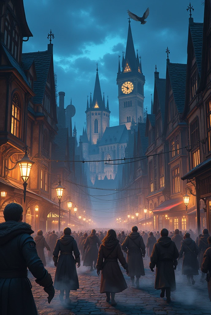 Fantasy anime style city in the middle ages attacked by goblins little panic people animation night