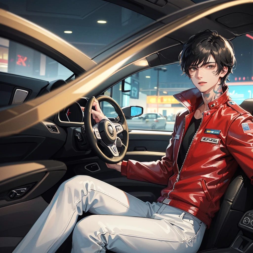 (photorealism:1.2) ((detailed face)) (perfect face) (perfect eyes), (1man) handsome masculine young man, glowy white eyes, stripe tattoo on his neck, sitting on a white racing car, wearing red leather jacket, dark green cargo pants, short black hair, outdoors, soft lighting, cars and city lights in background, relaxed pose, realistic, intricate details, warm colors.