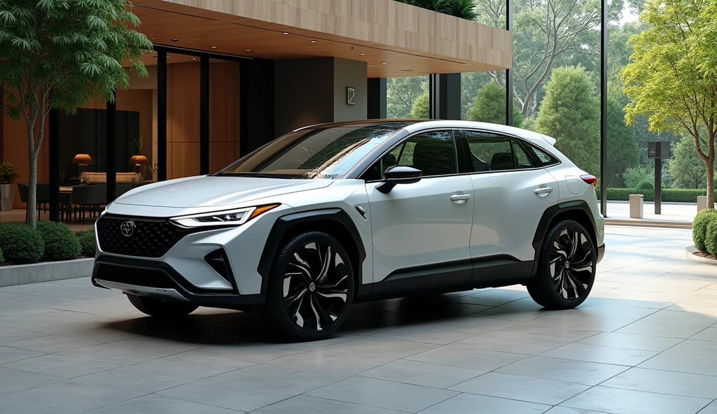 showroom park a ((2026 Corolla Cross mixed with tesla)), with modern electric car design, double cabin, image luck like real and room note a luxury