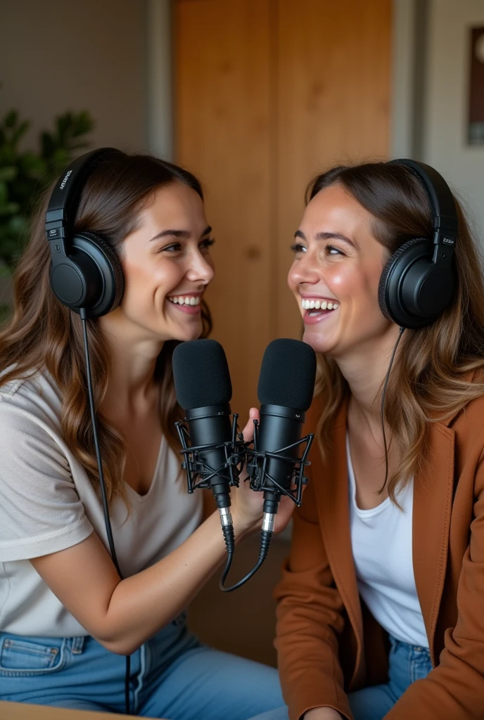 2 girl smiling and doing podcast