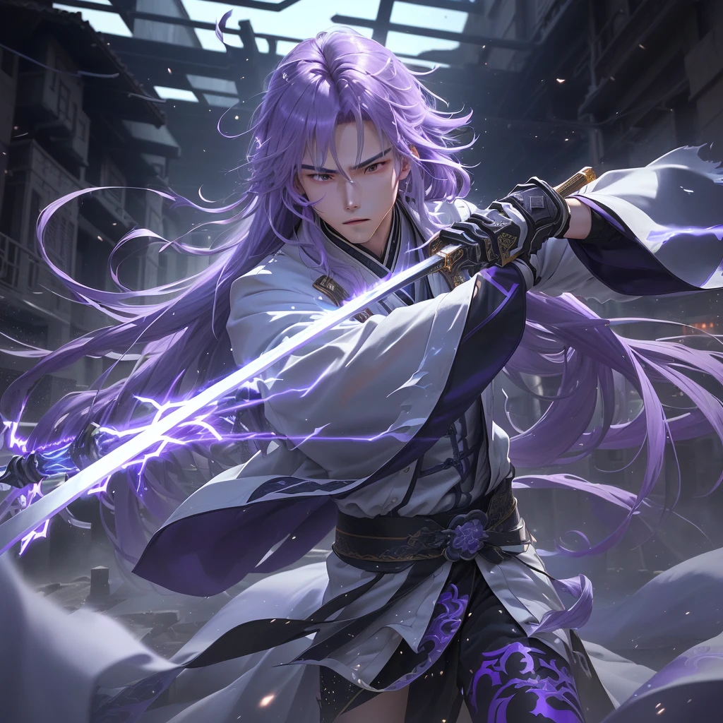 a man,
twenty year old handsome guy,Gray robe,
There is long purple hair on the clothes,
Feide gripped the sword tightly and struck and shot., slash shot,
Ancient Chinese martial arts fighting in the evening,
moon,
Longquan sword,super resurrection,purple lightning,lightning effect,
Lightning effect purple、Holographic display、Motion blur、
Long shots、action shots、3D blur engine、
extremely prominent,
Set in the illusory particle space Makoto Shinkai’s style as the background,
Ancient style animation,Crazy details,quality,
Style 32k,anime style,
Chinese ancient style,8k,Ultra HD 00009