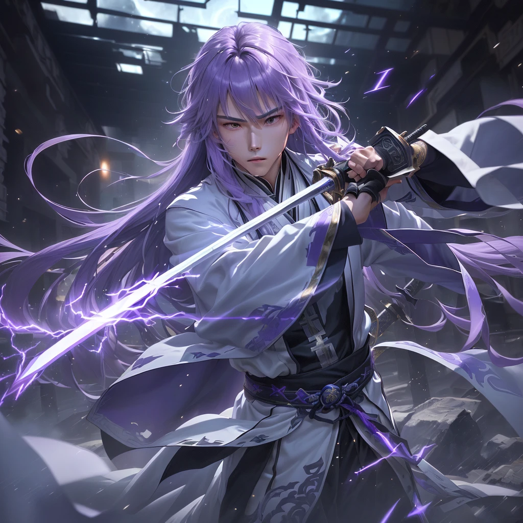 a man,
twenty year old handsome guy,Gray robe,
There is long purple hair on the clothes,
Feide gripped the sword tightly and struck and shot., slash shot,
Ancient Chinese martial arts fighting in the evening,
moon,
Longquan sword,super resurrection,purple lightning,lightning effect,
Lightning effect purple、Holographic display、Motion blur、
Long shots、action shots、3D blur engine、
extremely prominent,
Set in the illusory particle space Makoto Shinkai’s style as the background,
Ancient style animation,Crazy details,quality,
Style 32k,anime style,
Chinese ancient style,8k,Ultra HD 00009