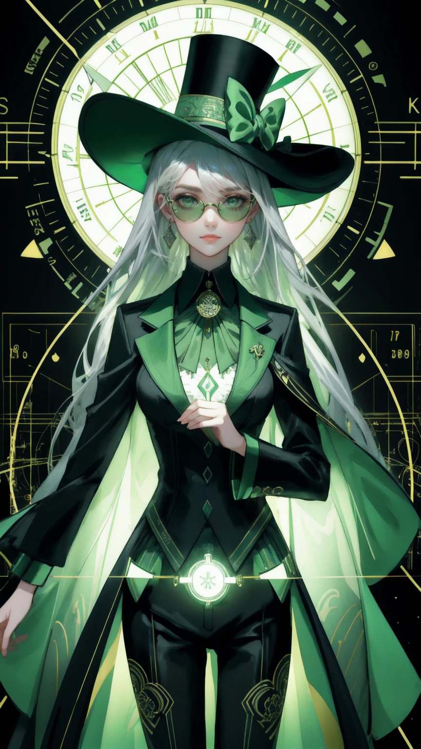 "Create an image featuring an elegant young woman dressed in an ornate, green suit patterned with intricate designs, evoking a sense of wealth and sophistication. She wears a vibrant green top hat and round sunglasses with green-tinted lenses that add an air of mystery. Her attire is complemented by a green tie, further accentuating her stylish look. The background is filled with financial and mystical symbols, including floating U.S. dollar bills, graphs depicting economic data, and various esoteric icons like compasses and astrological symbols, all set against a techno-futuristic backdrop that glows with green and silver hues. This setting conveys a blend of finance, mysticism, and digital influence."







