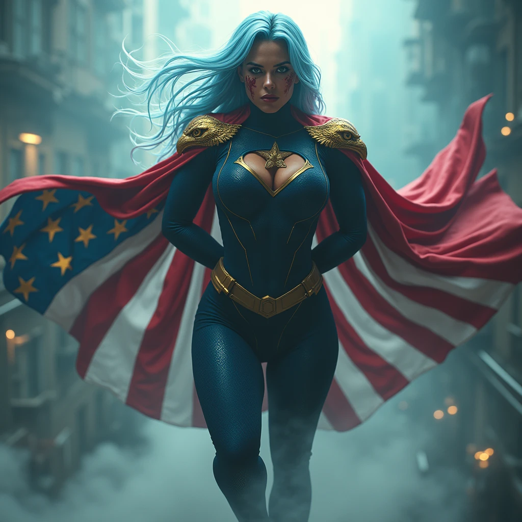 A powerful superhero character in a dramatic action pose, She hold her hands behind her backand float in the air. She's a biracial latina woman .She wears a dark blue, textured bodysuit with golden like heads of eagle on her shoulders and wear red long gloves until her elbows. She have got long light blue hair, light blue eyes, large breast. She has a severe and stern expression. A large and imposing American flag cape billows behind her, adding a sense of movement to the scene. There are stains of blood on her face ,The atmosphere around her is misty, with beams of light piercing through the clouds, highlighting the figure in a heroic manner, photorealistic, Grand angle,