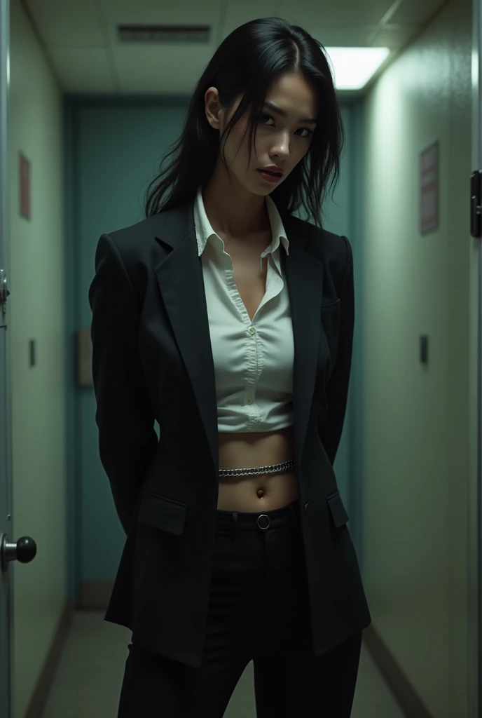 The woman has her hands tied、put your hands behind your back、(((I clasped my hands behind my back)))、a woman in a suit, belt, hands behind back, sweating, suspenders, black pants, sexly, large breasts, see-through clothing,, detective, office worker, white button-up shirt, (best quality,4K,8k,highres,masterpiece:1.2),ultra-detailed,(realistic,photorealistic,photo-realistic:1.37),hyper-detailed,highly detailed face and body, Slender　thin　suspenders　Moderate breasts　See-through shirt　Nipples　holster　chain　Pistol　Armament　criminal　Female criminal　knife　japanese　profile　Japanese women　arrested handcuff　Cable tie on thumb　Constraints
