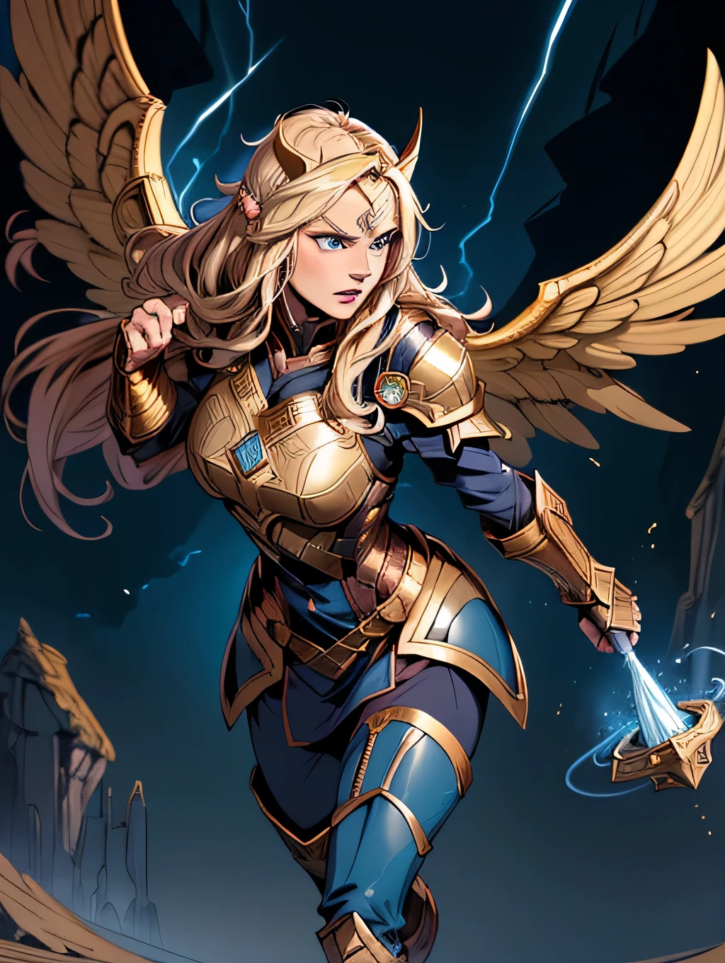 (best quality,4k,highres:1.2),dramatic comic book style,a blonde Asgardian heroine standing heroicly. She wears dark blue armor, gold trim, (((Norse helm with gold wings))), armored glove, deep v neck. stern expression. blond hair, long hair, blue eyes, (detailed eyes, detailed face), detailed hands, pretty face, round cheeks, soft face. armoured boots.casting a spell with magical energy,arcane symbols floating in the air,striking blue lightning,fierce expression,deep shadow