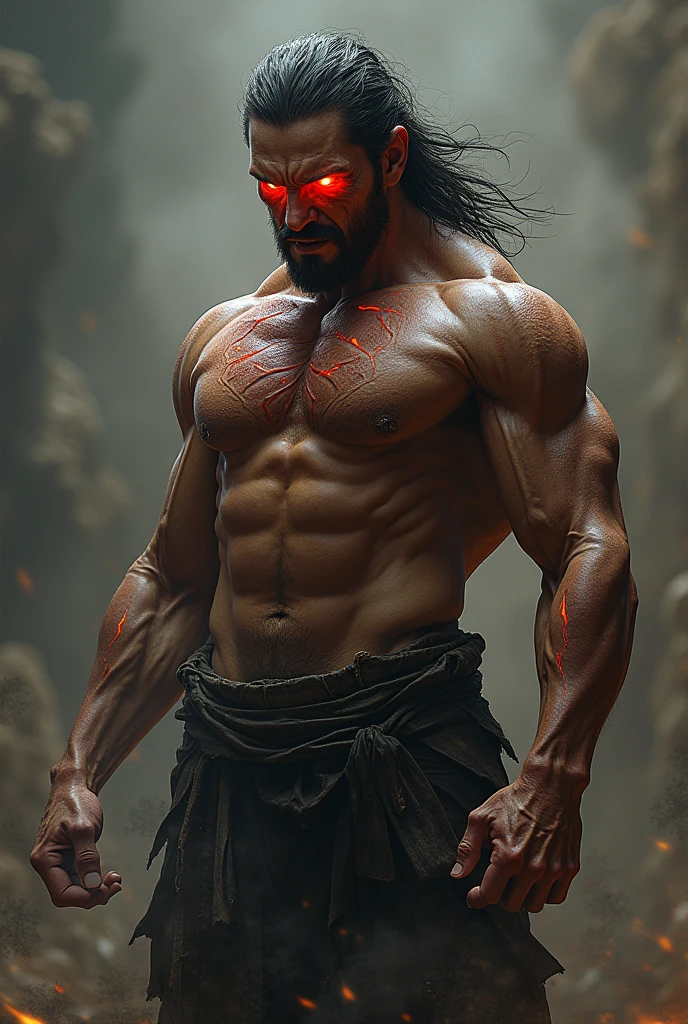 1 men, expression of fury, veins dilating throughout the body, wearing no shirt, detailed strong body, eyes glowing bright red, black sclera, red and warm iris, battle pose, high resolution, best qualityer, High details, Textured skin, HD Model, 