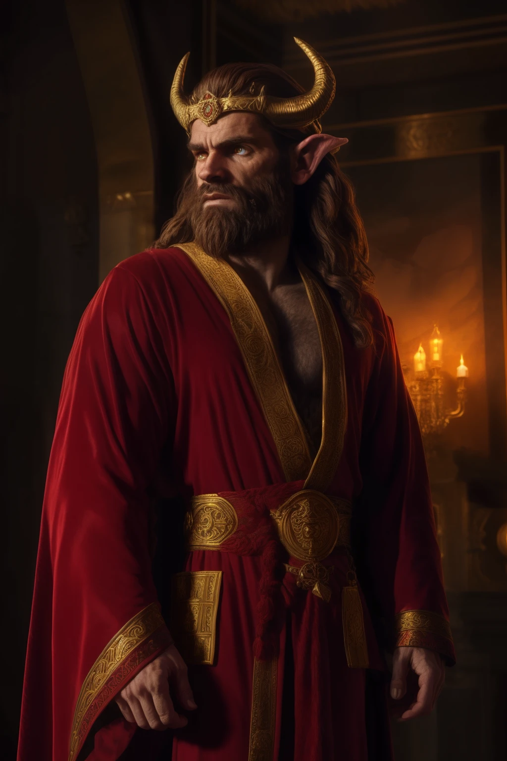 man in ancient king suit, long wavy brown hair, detailed brown eyes, detailed beard, horns, red robe, detailed ornate golden crown, intricate royal clothing, dramatic lighting, cinematic composition, epic fantasy, highly detailed, 8k, photorealistic