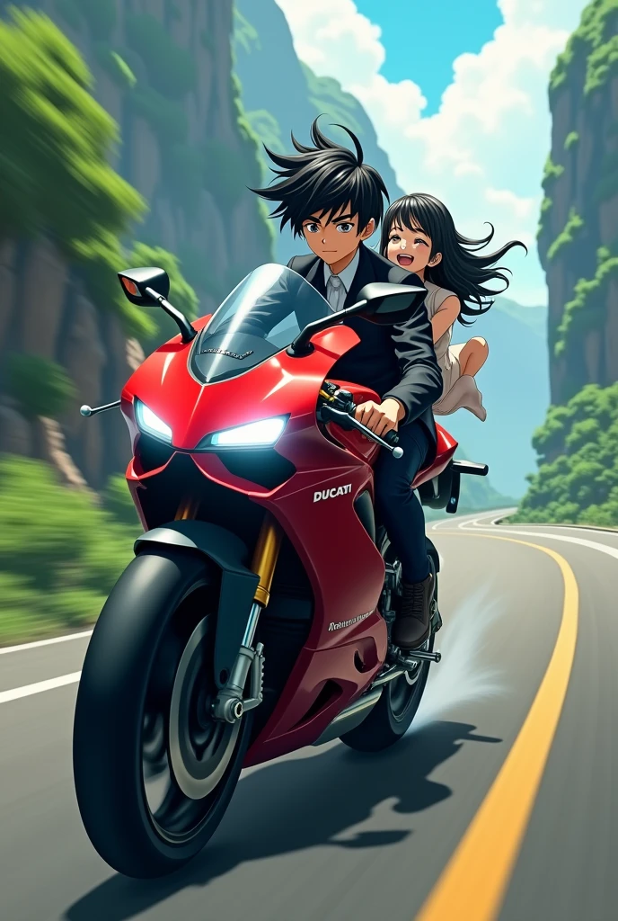 Ducati with a boy (anime) with black suit riding in high speed and a girl is sitting behind boy (anime) cinematic 