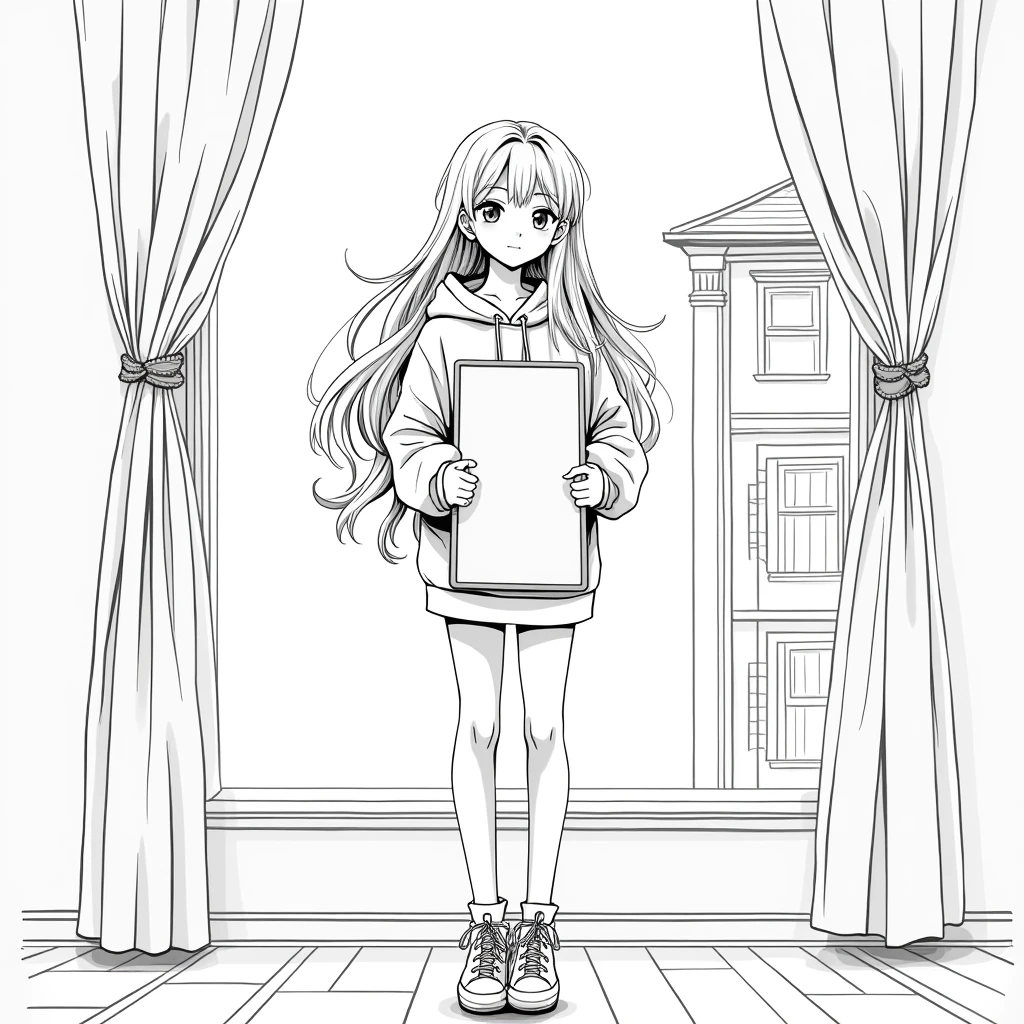 A girl wearing a comfortable oversized hoodie, with her long hair, she is standing by her bold window that have curtains of a building, holding a big writing board in her hands, smile on her face, high quality image, black and white line art image,

