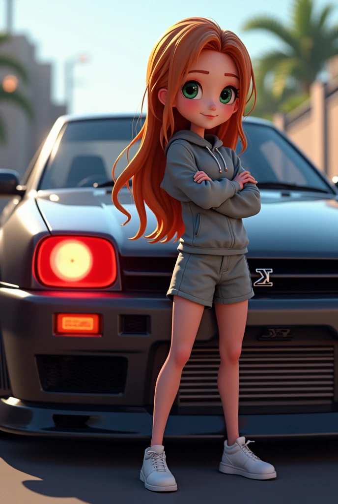 You can create an image of a skinny green-eyed girl with white skin and orange-brown hair that reaches her waist posing for a photo outside next to a black Nissan Skyline GTR R32 car with red headlights., Please make the image animated , and the girl has racing sportswear remember the girl is 2 