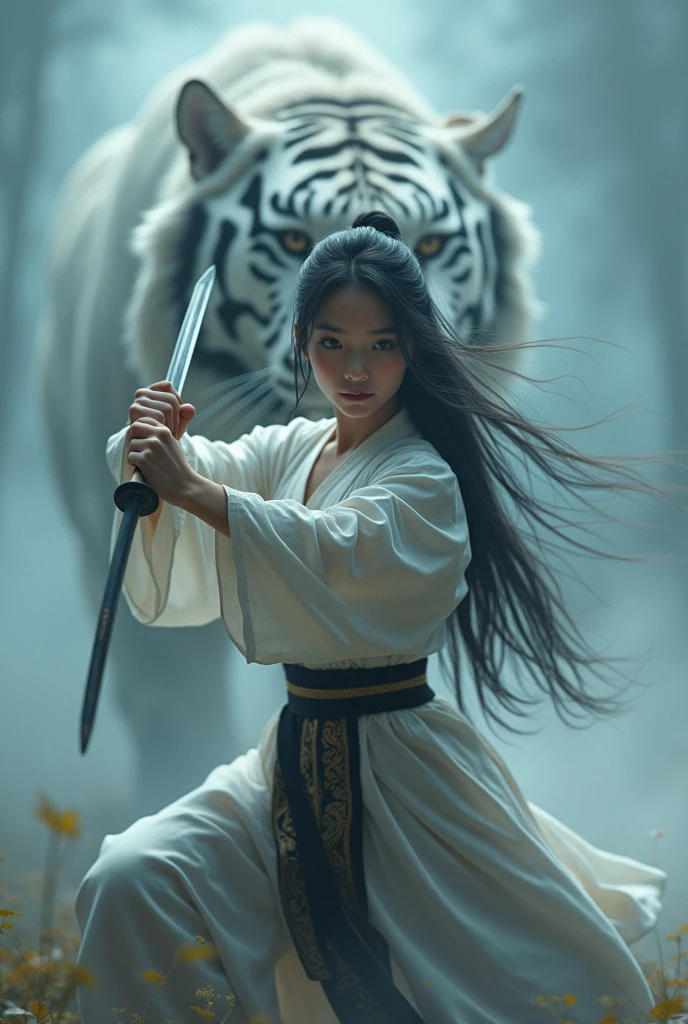 A beautiful young woman, in an ancient white Dusit Thai dress, wearing a black and gold sarong, fair skin, long black hair, long swordplay, separated by every fierce attack, covered with thick fog, obscuring the view, revealing a vivid and surreal scene, the blade's s-cut stands out against the blurred background., Mysterious background, the sharp eyes of a large white tiger with long fangs, written behind the young woman, meeting the audience's eyes.., A thick layer of fog covers the landscape, piercing, clear eyes, incredible light and color.