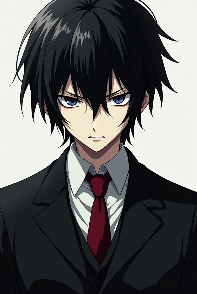 Anime guy with black hair, fierce face, white skin, wearing a suit