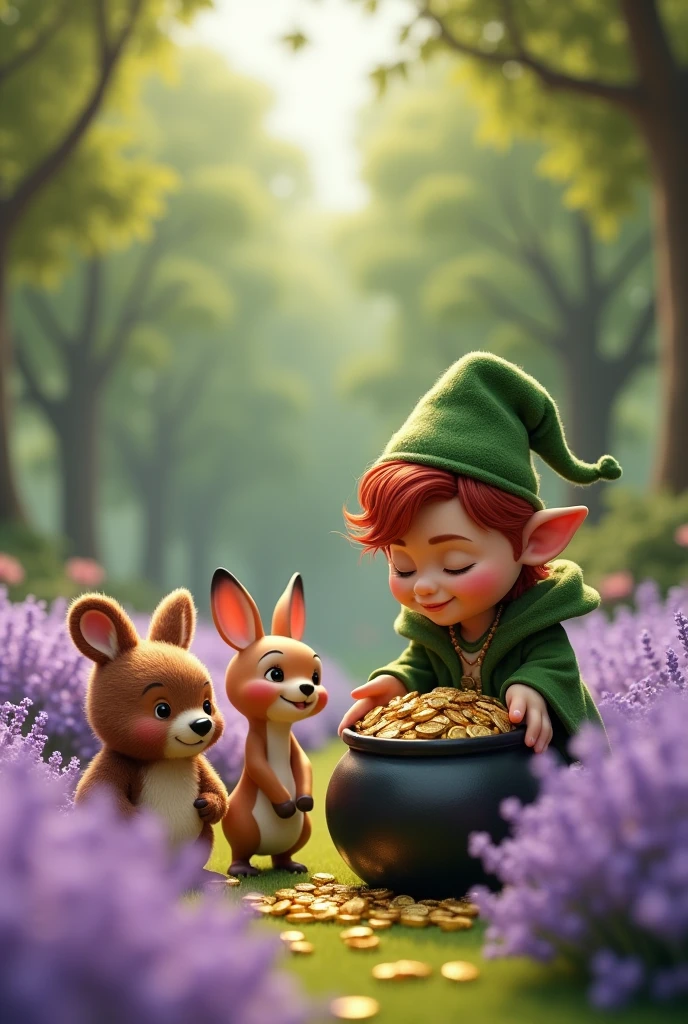 Create a picture of the little bear, the little rabbit and the little deer in a lavender field at the edge of the forest with a friendly green-clad goblin with red hair wearing a hat and black shoes with a golden buckle who is counting the gold coins in his black gold pot