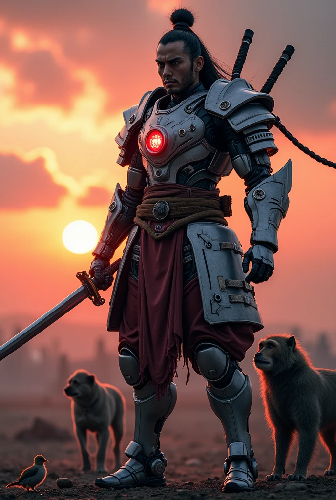 a highly detailed cyberpunk portrait of momotaro, a japanese samurai warrior with a peach on his forehead, wearing futuristic mechanical armor, wielding a katana, on a battlefield at evening, with a dog, a monkey, and a chick, intricate details, hyper realistic, 8k, masterpiece
