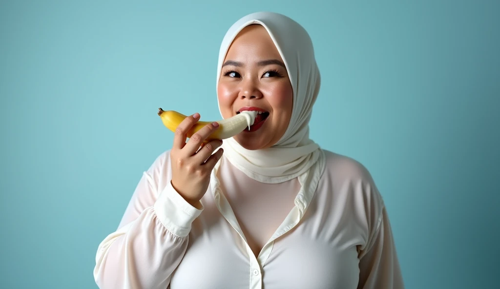 ((5, Indonesian adult woman in hijab, Sugar Granny)) wearing a white transparent pajamas photography portrait, licking a banana covered in white condensed milk, mid-shot photo, ultra detail, professional photo with professional lighting, smile, light blue studio background, curvy body, (VERY BIG BREASTS: 1.4).