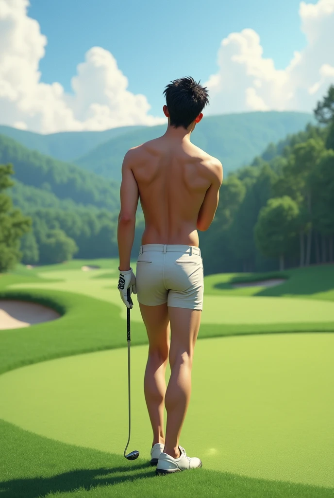 Real photo style、Realistic、Cute handsome man、Idol face、、Japanese、Slim body、Mash Hair、Completely naked、Full nudity、Back view of a man playing golf on the golf course、Butt Exposed