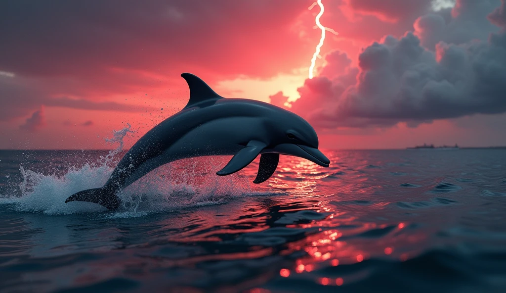 ultra-detailed, realistic, 4k, masterpiece:1.2, highres, vivid colors, bokeh, professional, HDR, sharp focus, 
ultra-fine painting, physically-based rendering, A haunting masterpiece, of unparalleled quality, showcasing a Dolphin jumping from the surface of the ocean, there is a storm in the background, 1 single bolt of lightning, a red haze and puffy sunset clouds,
