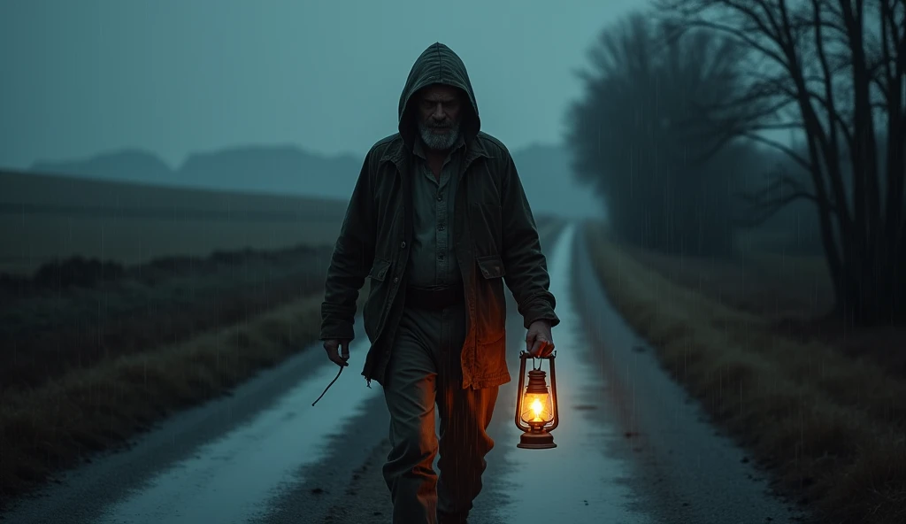 Man holding a lamp walking on a deserted road in the countryside in the middle of the night and it is raining