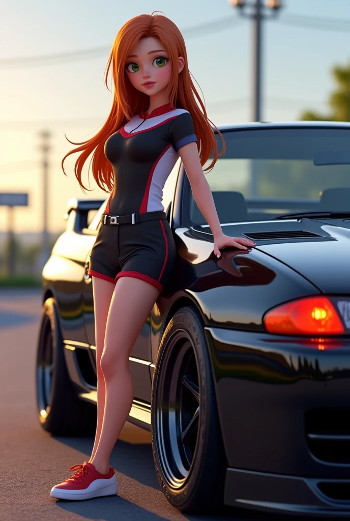 You can create an image of a skinny green-eyed girl with white skin and orange-brown hair that reaches her waist posing for a photo outside next to a black Nissan Skyline GTR R32 car with red headlights., Please make the image animated , and the girl has racing sportswear remember the girl is 2