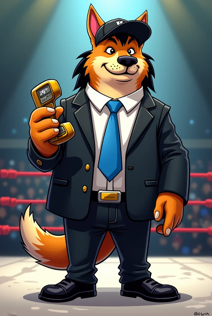 Cartoon Dingo dressed like ECW wrestling manager Paul E Dangerously
Cartoon dingo body. Cartoon dingo head. Cartoon dingo face. Cartoon dingo arms. Cartoon dingo hands.
Pudgy.
Black suit. Black dress shirt. Blue tie. Black pants. Black dress shoes. Black baseball cap.
black mullet hair. Holding a big flip-top phone.
Standing in a wrestling ring.