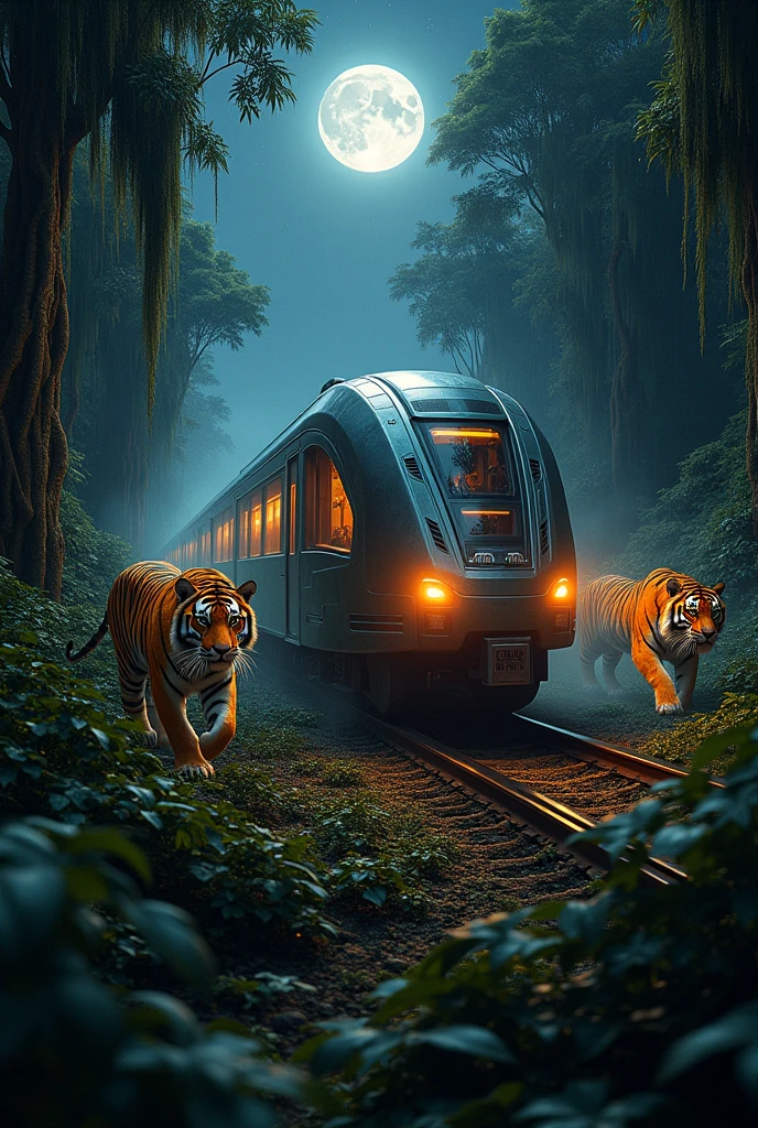 Metro Train running at night in jungle walking tigers around
