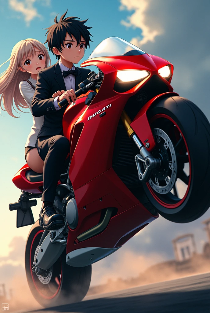 Ducati with a boy (anime) with black suit doing wheelie and a girl is sitting behind boy (anime) cinematic 