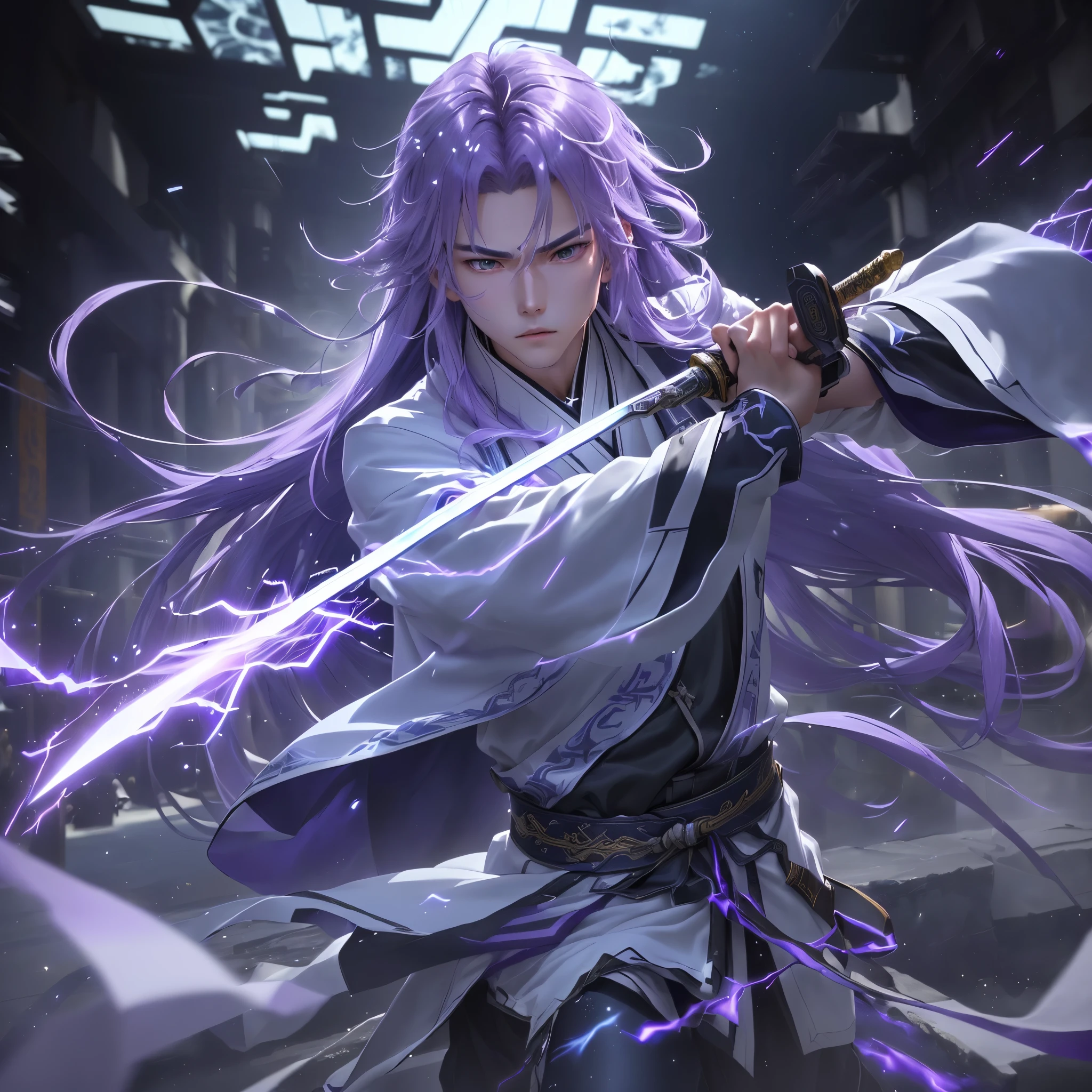 a man,

twenty year old handsome guy,Gray robe,

There is long purple hair on the clothes，

Feide gripped the sword tightly and struck and shot., slash shot,

Ancient Chinese martial arts fighting in the evening，

moon,

Longquan sword,super resurrection,purple lightning,lightning effect,

Lightning effect purple、Holographic display、Motion blur、

Long shots、action shots、3D blur engine、

extremely prominent,

Set in the illusory particle space Makoto Shinkai’s style as the background，

Ancient style animation，Crazy details，quality，

Style 32k，anime style，

Chinese ancient style，8k，Ultra HD 00009