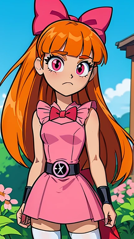 (1girl, (Blossom:1.5)), (extremely detailed CG unit 8k wallpaper),(master part), (best quality), (ultra detail), (best illustration),(Teen Titans GO style), cowboy shot, (Sharp eyeliner, ombre, detailed eyes:1), garden, outdoors ,GHIBLI_Background, break , upper body,(orange hair, blunt bangs, pink eyes:1.2), (hair bow, red bow, simple pink dress, simple black belt, white thighhighs:1.2),(shy pose:1.2), (solo, one person, one subject:1.5),