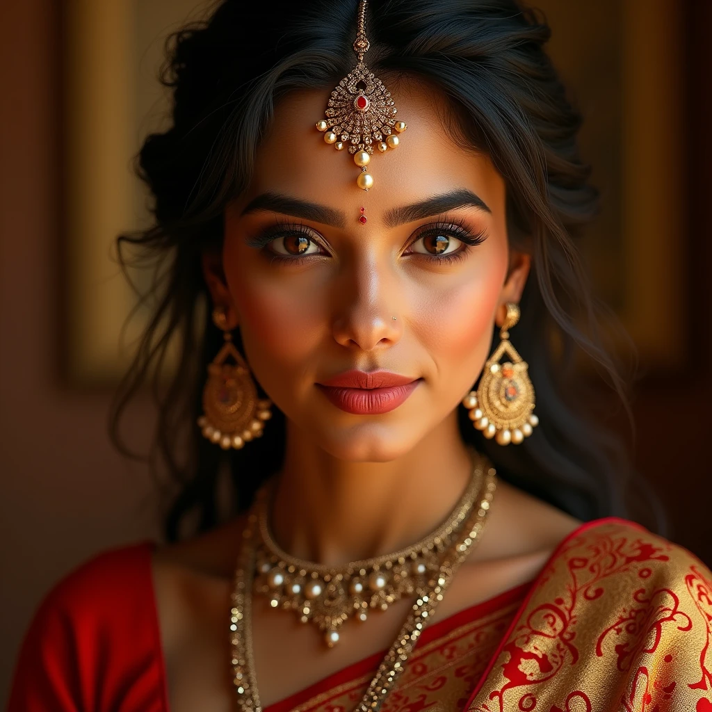 a beautiful indian actress, 1girl, detailed face,beautiful detailed eyes,beautiful detailed lips,extremely detailed face and skin,flawless skin,long eyelashes,intricate jewelry,elegant sari,beautiful ornate shoes,intricate patterns,warm lighting,highly detailed,photorealistic,8k,studio lighting,cinematic,dramatic, vibrant colors
