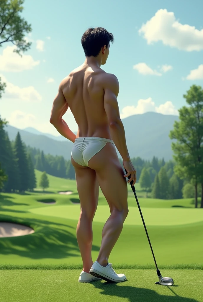 Real photo style、Realistic、Cute handsome man、Idol face、、Japanese、Slim body、Mash Hair、Completely naked、Full nudity、Back view of a man playing golf on the golf course、Butt Exposed