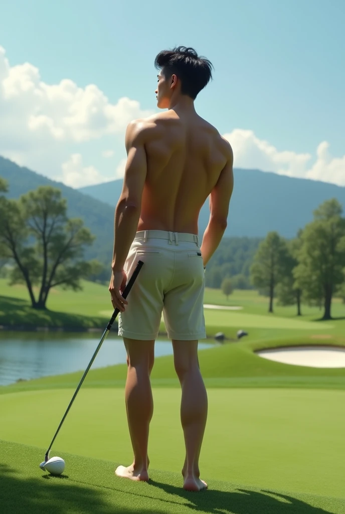Real photo style、Realistic、Cute handsome man、Idol face、、Japanese、Slim body、Mash Hair、Completely naked、Full nudity、Back view of a man playing golf on the golf course、Butt Exposed