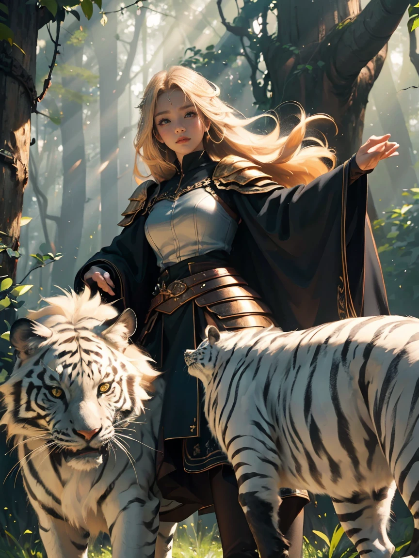 A beautiful and alluring warrior with flowing blonde hair stands confidently beside a majestic white tiger. Her radiant smile and intense gaze captivate all who behold her, embodying a sense of strength and sophistication. The intricate details of her armor and weaponry showcase her skill and elegance. Surrounding them, a lush and vibrant forest serves as the backdrop, with rays of sunlight filtering through the dense canopy, casting a gentle glow on the scene. The atmosphere is charged with a sense of adventure and mystery, with the distant sound of wildlife echoing through the air. This awe-inspiring image would be captured in a high-resolution photograph, allowing every intricate detail to be visible, while accentuating the vibrant colors and textures. The final piece would be reminiscent of a Renaissance painting, combining classical artistry with a modern twist.(Incredibly Detailed:1.1),(Incredibly cinematic:1.1),(High detail model:1.1),(Incredibly Realistic Tones:1.1),(Deep sharpness:1.1),(Incredibly realistic:1.1),(Image 32k:1.3),(Detailed middle ground:1.1),(Detailed background:1.1),(Fine detail:1.1),(Photo RAW:1.1),(Incredible Masterpiece:1.1),(Incredibly Detailed Face:1.1),expression of ecstasy,Sexy,erotic,(((NFSW,pussy))),