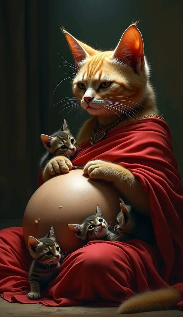 A humanoid havana pregnant cat wearing a red saree she is alone in a dimly lit room, her face showing a mix of pain and determination as she gives birth to three kittens