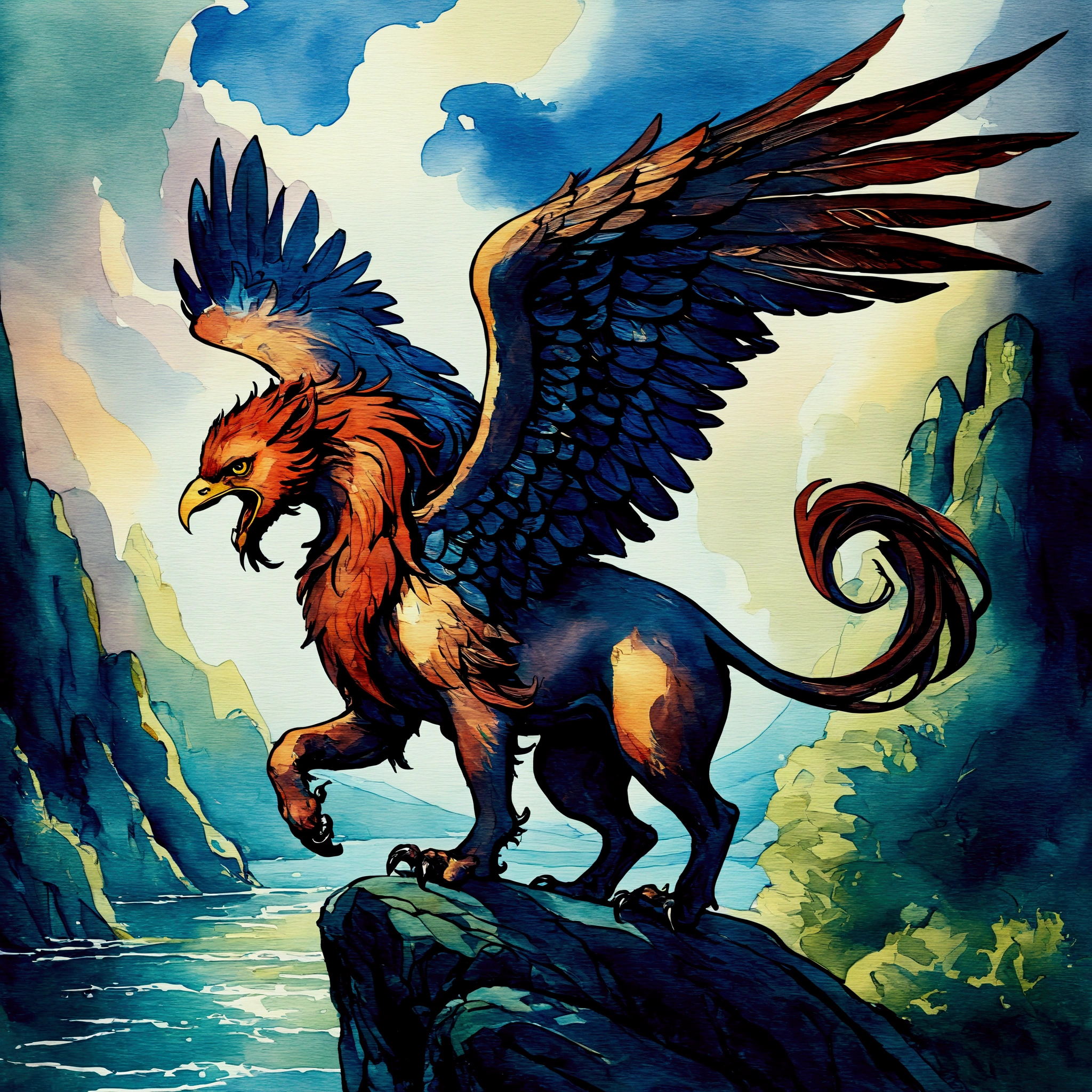 Mythical griffin, artstyle-watercolor,
