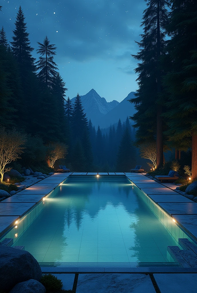 A swimming pool in open place in forest in night