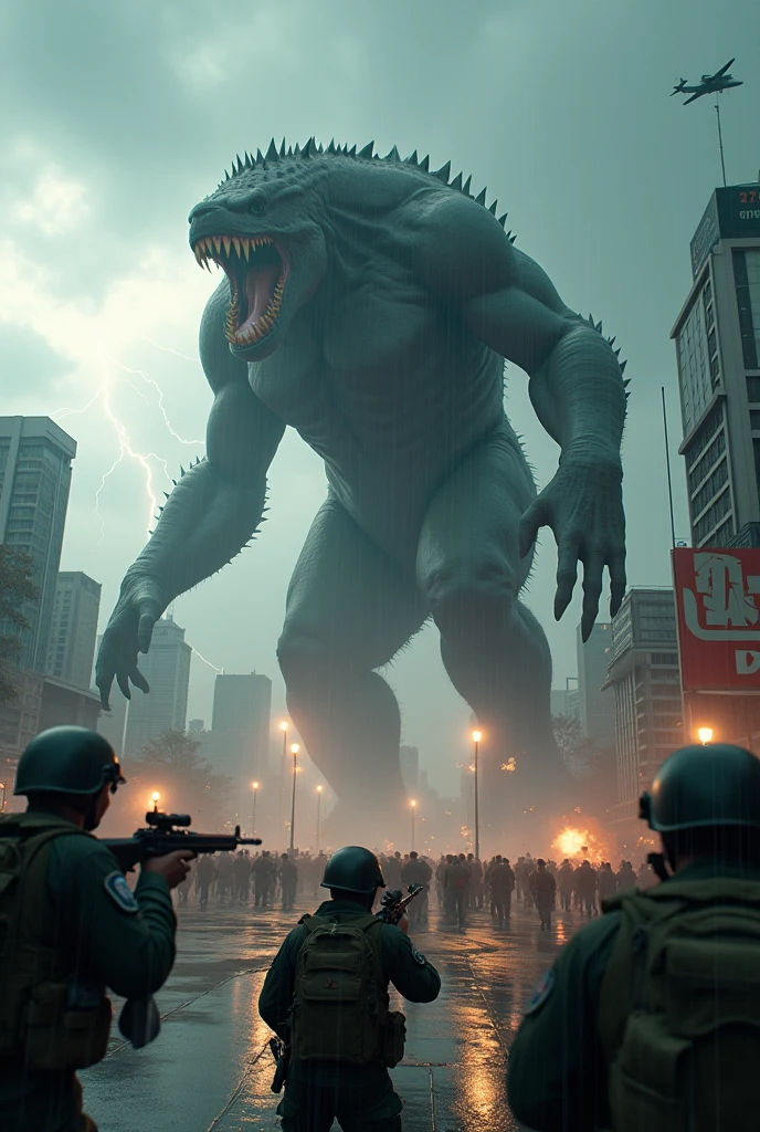 Create an ultra-realistic and detailed image of Indonesian military (TNI) forces engaged in a fierce battle against a terrifying giant monster in the city of Jakarta, Indonesia, during a heavy storm. The scene captures the intense action with soldiers wearing the exact uniforms of the Indonesian TNI, running and firing weapons at the monster. Indonesian fighter jets and helicopters are providing aerial support. The cityscape of Jakarta is visible in the background, with rain pouring down, lightning illuminating the dark sky, and the monster's immense size and fearsome appearance dominating the scene."