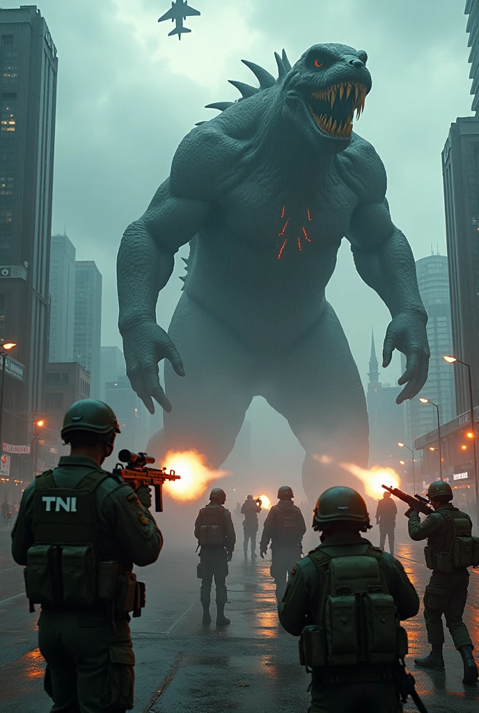 Create an ultra-realistic and detailed image of Indonesian military (TNI) forces engaged in a fierce battle against a terrifying giant monster in the city of Jakarta, Indonesia, during a heavy storm. The scene captures the intense action with soldiers wearing the exact uniforms of the Indonesian TNI, running and firing weapons at the monster. Indonesian fighter jets and helicopters are providing aerial support. The cityscape of Jakarta is visible in the background, with rain pouring down, lightning illuminating the dark sky, and the monster's immense size and fearsome appearance dominating the scene."