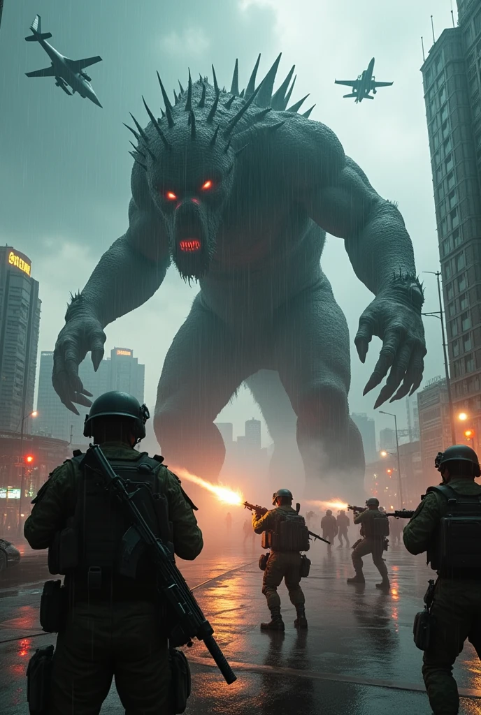 Create an ultra-realistic and detailed image of Indonesian military (TNI) forces engaged in a fierce battle against a terrifying giant monster in the city of Jakarta, Indonesia, during a heavy storm. The scene captures the intense action with soldiers wearing the exact uniforms of the Indonesian TNI, running and firing weapons at the monster. Indonesian fighter jets and helicopters are providing aerial support. The cityscape of Jakarta is visible in the background, with rain pouring down, lightning illuminating the dark sky, and the monster's immense size and fearsome appearance dominating the scene."