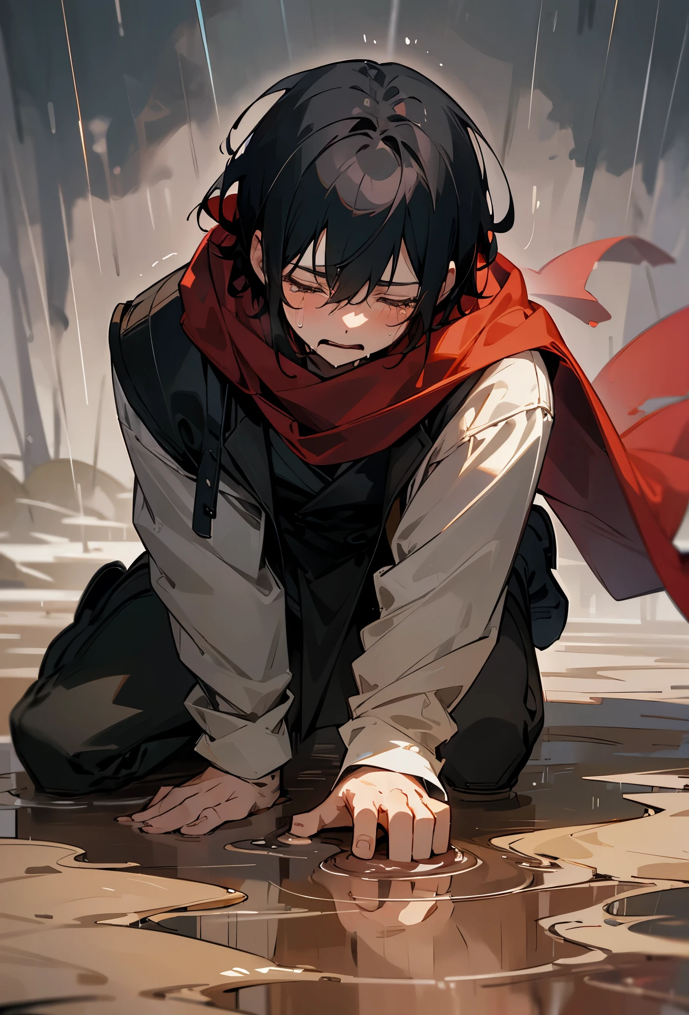Black hair man, eyes closed, red scarf, crying, tears streaming down his face, kneeling, pounding the ground, rain, muddy ground, mouth open, head down.