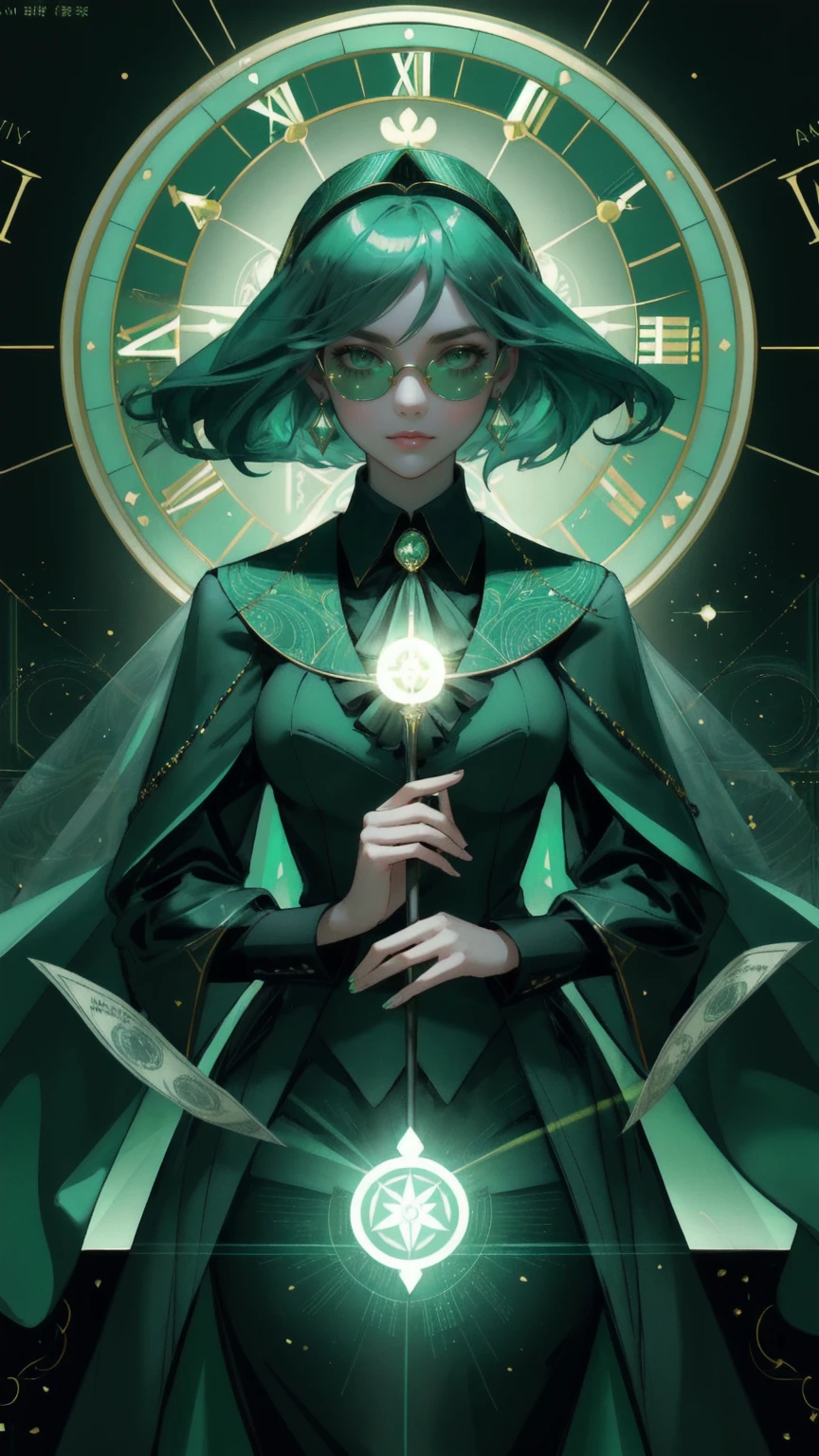 Create an image of a sophisticated young woman in a richly detailed, emerald green suit adorned with swirling patterns that evoke an aura of mysticism and opulence. She wears a green top hat, enhancing her regal and enigmatic appearance, and round sunglasses with green-tinted lenses that reflect a sense of mystery. The setting around her is infused with financial and mystical symbols like floating U.S. dollar bills, detailed graphs, compasses, and astrological signs, all immersed in a vivid green, techno-futuristic backdrop. This composition represents a blend of finance, mysticism, and the digital world, emphasizing a theme of financial insight and caution in an elegant and compelling manner.