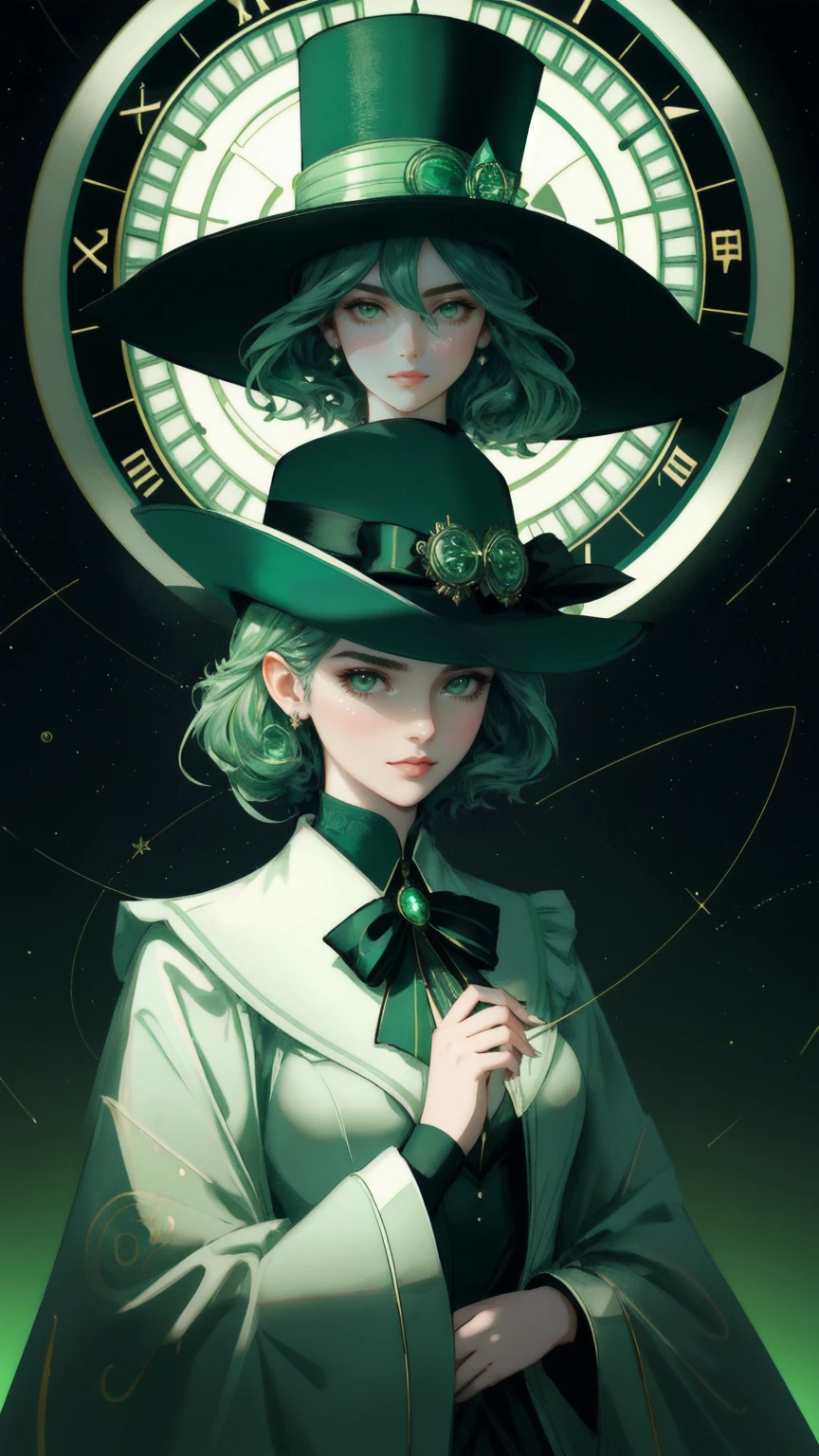 Create an image of a sophisticated young woman in a richly detailed, emerald green suit adorned with swirling patterns that evoke an aura of mysticism and opulence. She wears a green top hat, enhancing her regal and enigmatic appearance, and round sunglasses with green-tinted lenses that reflect a sense of mystery. The setting around her is infused with financial and mystical symbols like floating U.S. dollar bills, detailed graphs, compasses, and astrological signs, all immersed in a vivid green, techno-futuristic backdrop. This composition represents a blend of finance, mysticism, and the digital world, emphasizing a theme of financial insight and caution in an elegant and compelling manner.