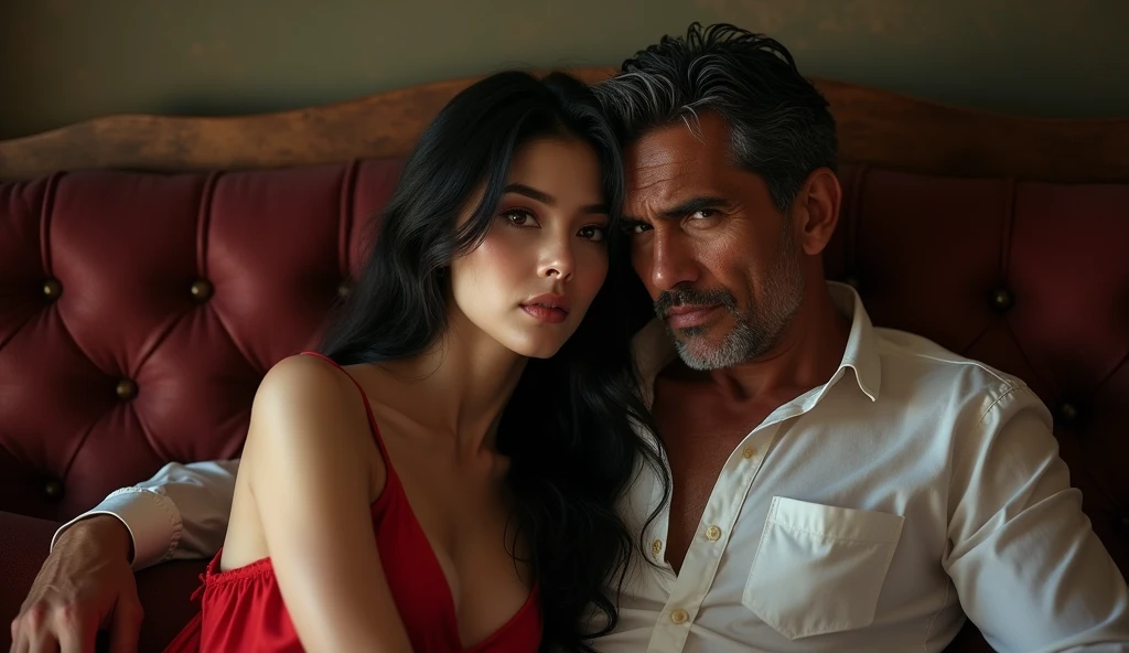 Pretty japanese woman, she has very beautiful long hair, a seductive gaze,she is on the couch smiling next to a 50 year old Brazilian man, detailded, photoshot_\( ultra\), photoshotrealisitic, realisitic, Post-processing, Maximum details, roughness, real-life, ultrarealisitic, photoshotrealism, photoshotgraphy, 8k hd, photoshotgraphy