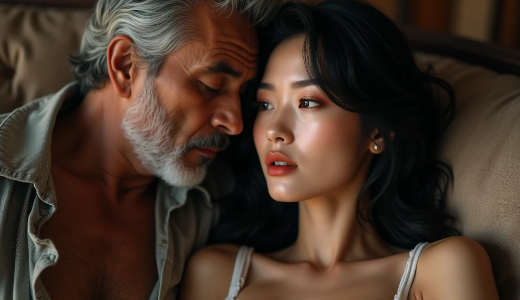 Pretty japanese woman, she has very beautiful long hair, a seductive gaze,she is on the couch smiling next to a 50 year old Brazilian man, detailded, photoshot_\( ultra\), photoshotrealisitic, realisitic, Post-processing, Maximum details, roughness, real-life, ultrarealisitic, photoshotrealism, photoshotgraphy, 8k hd, photoshotgraphy