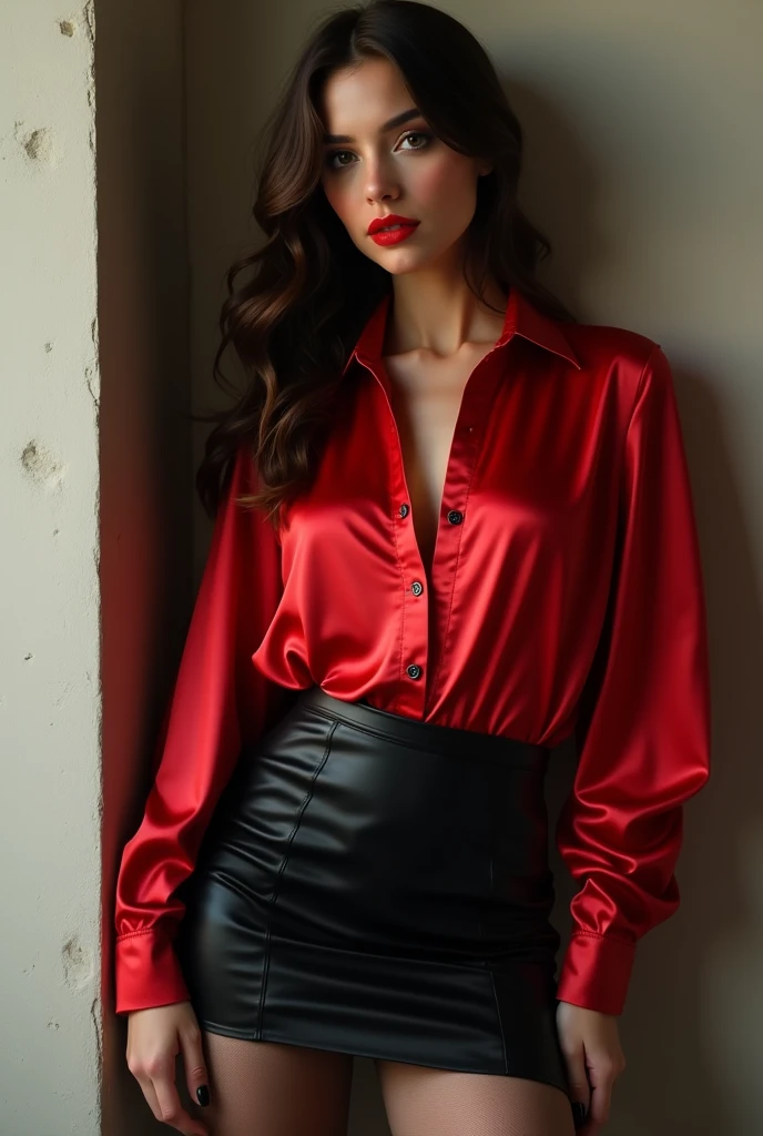 photo of a woman, red satin shirt, black mini skirt, (black stockings), makeup, red lips, hd, 8k, (intricate details, hyperdetailed:1.15) (skin texture:1.2), ((masterpiece)), (high quality), (best quality), (detailed), hd, perfect lighting, detailed face, detailed body