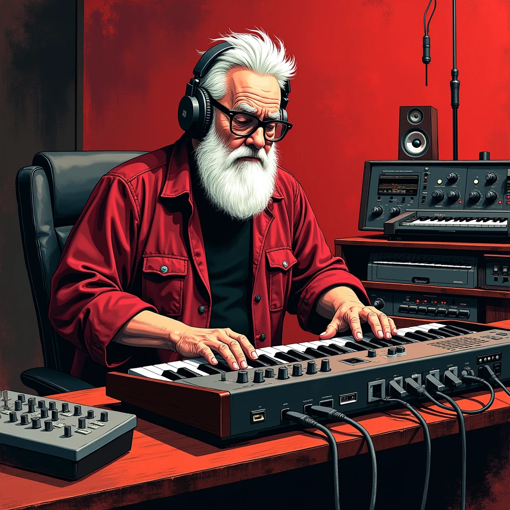 There is a 50-year-old music producer,With a short white beard, Short white hair, (slightly overweight), wear glasses, Sitting at the table,With keyboard and headphones, keyboardist, In his basement studio, Use a synthesizer, Popular on Art Station, Sitting at the table,In front of the keyboard, Play Techno House Music, Art Station Hot Sale, mix, Music playing, listen to music, Milton Caniff (Milton Caniff) Beautiful illustrations, Duotone, Two colors, Black and red, painting, , ink, masterpiece