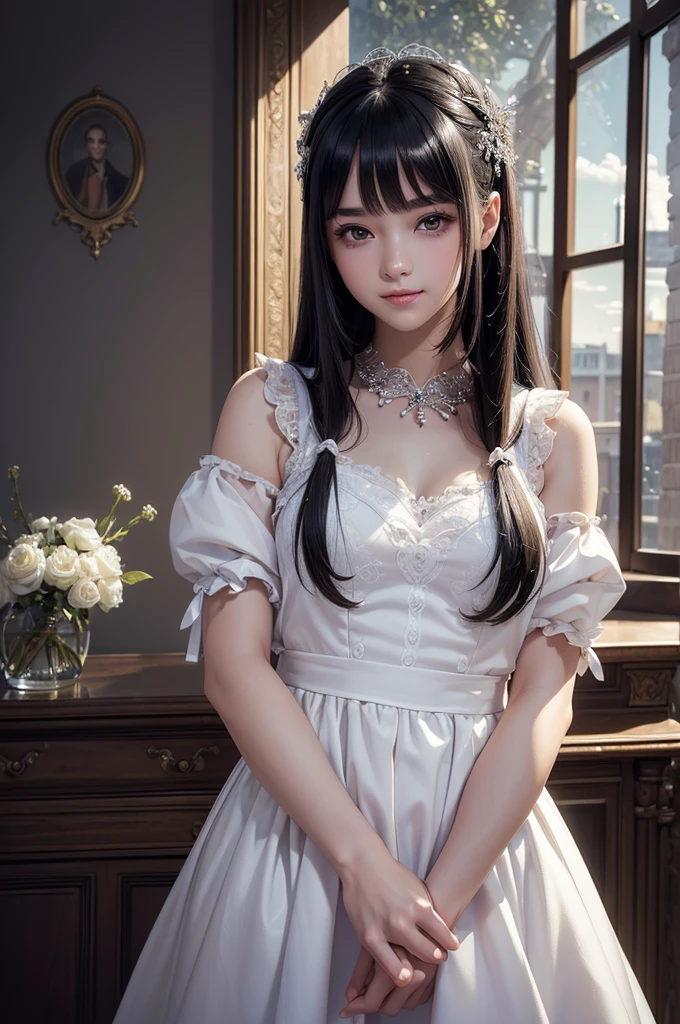 ((masterpiece, best quality, ultra-detailed, high resolution, extremely detailed CG, super detailed, Most beautiful clean lighting)), 1girl, small, young, cute girl, pretty face, smile, white skin, Beautiful black hair, straight hair, black eyes, kawaii, little body, divine garment, fantastic landscape, ultimate beauty