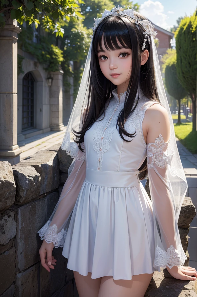 ((masterpiece, best quality, ultra-detailed, high resolution, extremely detailed CG, super detailed, Most beautiful clean lighting)), 1girl, small, young, cute girl, pretty face, smile, white skin, Beautiful black hair, straight hair, black eyes, kawaii, little body, divine garment, fantastic landscape, ultimate beauty